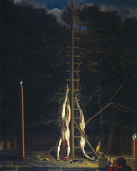 De lijken van de gebroeders De Witt, opgehangen op het Groene Zoodje aan de Vijverberg te Den Haag, 1672. Collectie: Rijksmuseum Amsterdam