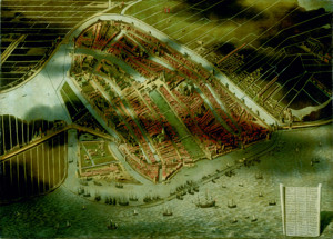 Plattegrond Amsterdam 16e eeuw, geschilderd door J.C. Micker